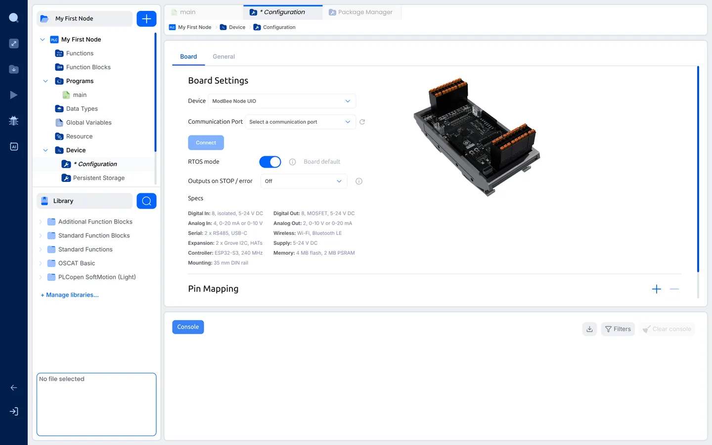 Board settings for the ModBee Node UIO